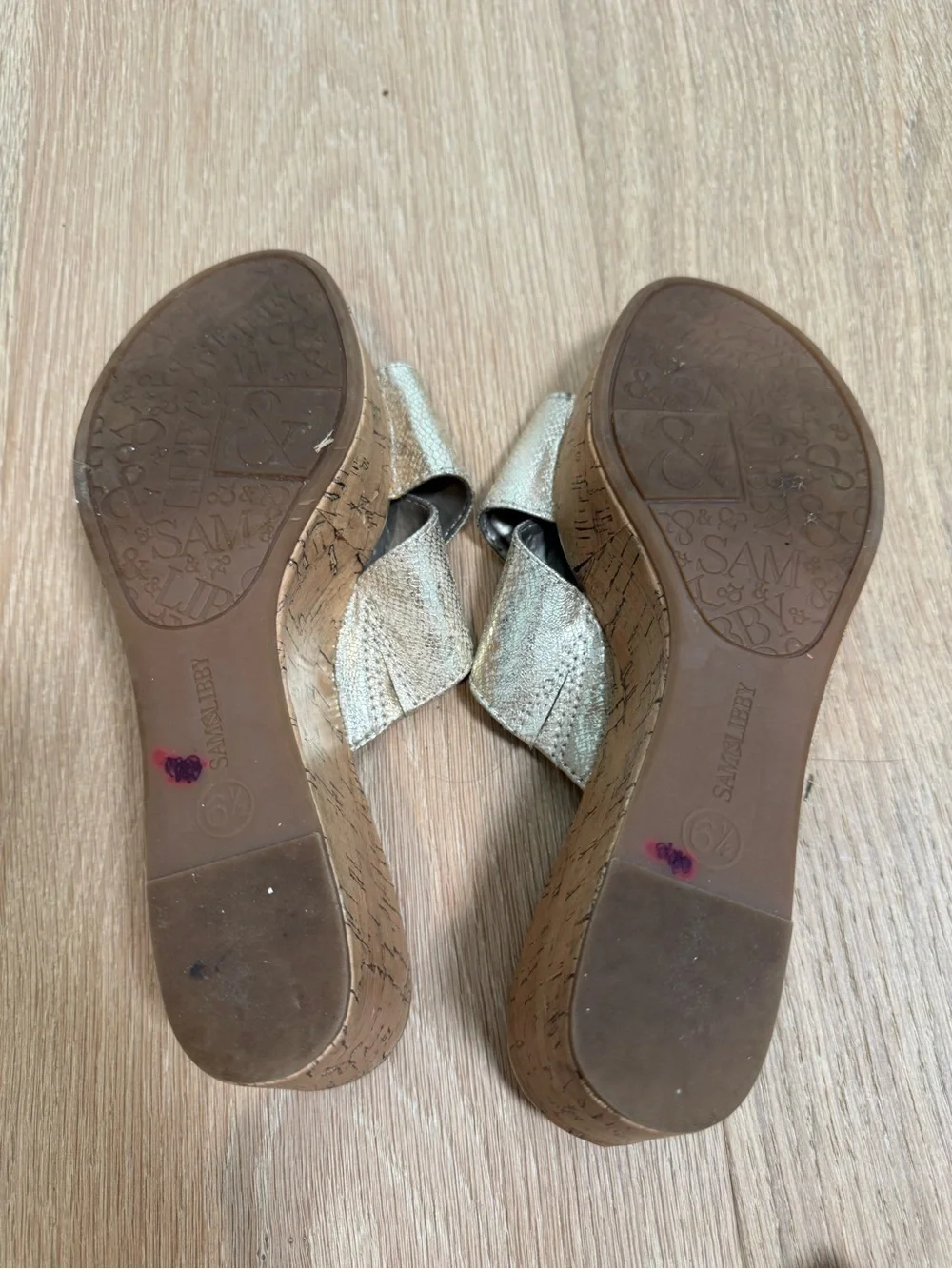 Sam & Libby Gold Metallic Cork Wedge Slide Sandals Size 6.5 Criss Cross